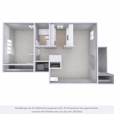 Floor plan for 1 bed, 1 bath, 730 sqft